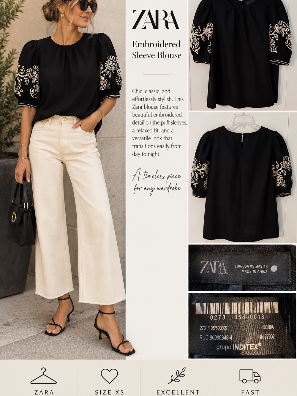Zara Black Blouse with Cream Embroidered Puff Sleeves